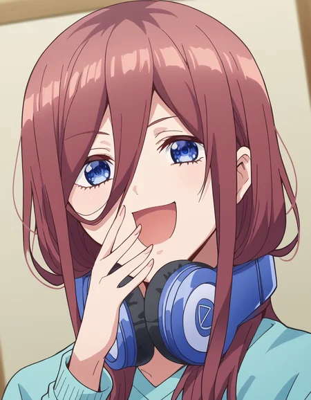 score_9, score_8_up, score_7_up, source_anime, mikunakano, <lora:miku-nakano-s1-ponyxl-lora-nochekaiser:1>, miku nakano, long hair, bangs, blue eyes, brown hair, hair between eyes, headphones, headphones around neck,, <lora:ojou-sama-pose-ponyxl-lora-nochekaiser:1>, ojou-sama pose, laughing, smug, hand to own mouth, open mouth,, indoors, smile,, cowboy shot, dutch angle, looking at viewer,