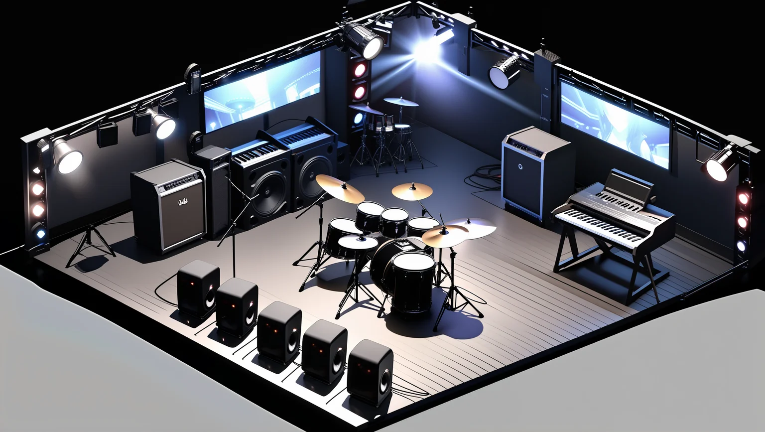 masterpiece,best quality,<lora:gamebg:0.5>,3d,white background,no humans,
room-style,sturdy black wooden flooring,dark walls,acoustic panels,elevated stage platform,sound equipment,instruments,lighting equipment,large LED screen,dynamic backgrounds,drum set,electronic keyboard,electric guitars,bass guitars,amplifiers,effect pedals,tall speakers,stage lights,spotlights,laser lights,strobe lights,dark carpet,standing area,portable chairs,ceiling acoustic panels,technical control booth,sound control,light control,rock band posters,artwork,small bar area,drinks,snacks,