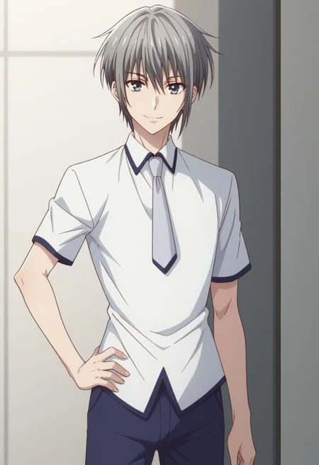 score_9, score_8_up, score_7_up, source_anime, highly detailed,
yukisohma, 1boy, solo, male focus, necktie, upper body, grey hair, hand on hip, grey eyes,
blue pants, smile, looking at viewer, standing, pants, school uniform, white shirt, grey necktie, short sleeves
indoor, japanese
