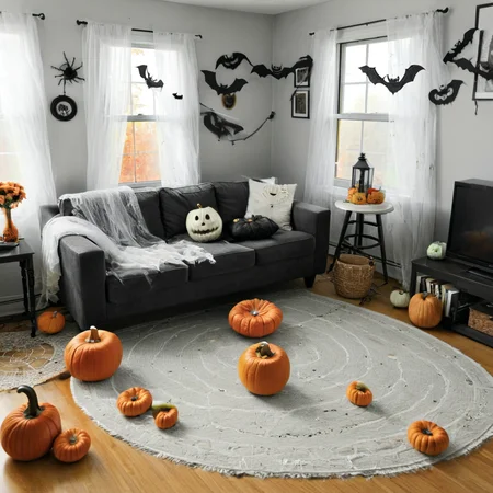 livingroom decorated for halloween <lora:Halloween_XL:1>