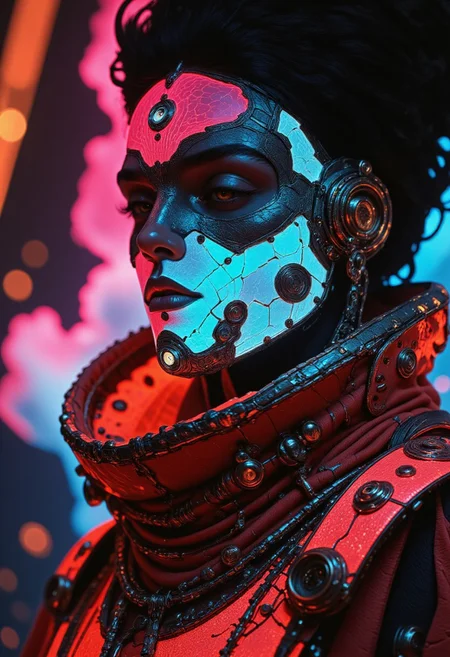 Neon-lit battlefield, chaos unleashed—glowing embers and energy streaks cut through the darkness. An extreme close-up captures a freckled warrior in a striking Dab pose, bathed in pulsating neon lights. Her sun-kissed skin glows under the battlefield haze, contrasting with the chrome sheen of her lower jaw and neck, seamlessly fused like a cybernetic masterpiece. Deep amber eyes ignite with raw energy, framed by high-tied dark brown hair, wild strands catching the neon gleam. Behind her, shattered glass windows reveal a storm of saturated neon pink, electric blue, and fiery red, cutting through the blackened ruins. Floating embers and sparks of plasma fire swirl as battle rages on. She wears a high-collared metal hanfu, its red and white neon-trimmed design reflecting like a holographic warrior sigil. The fabric shimmers like an energy field, intricate like etched circuitry. Hyper-stylized, high-budget anime energy bursts from the scene—motion blur, crackling neon edges, cinematic depth. A Syberian mushroom-masked warrior reborn in neon, frozen in an iconic hand-up fight stance, ready to shatter reality with a single move. DSLR clarity at 64MP, extreme close-up, macro details razor-sharp—a cybernetic goddess in the heart of a neon war.