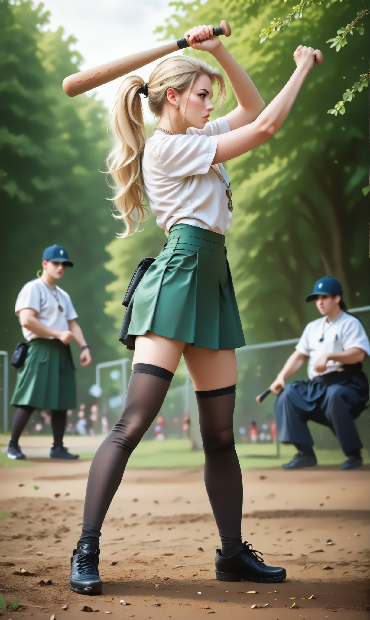 score_9, score_8_up, score_7_up, ovhatt, bothnd, side view, (slim 25yo girl) is overhead attacking with a baseball bat in a crowded park, green skirt and white blouse, black (holdup stockings), necklace,  long blonde hair
 <lora:OverheadAttackPony:1>