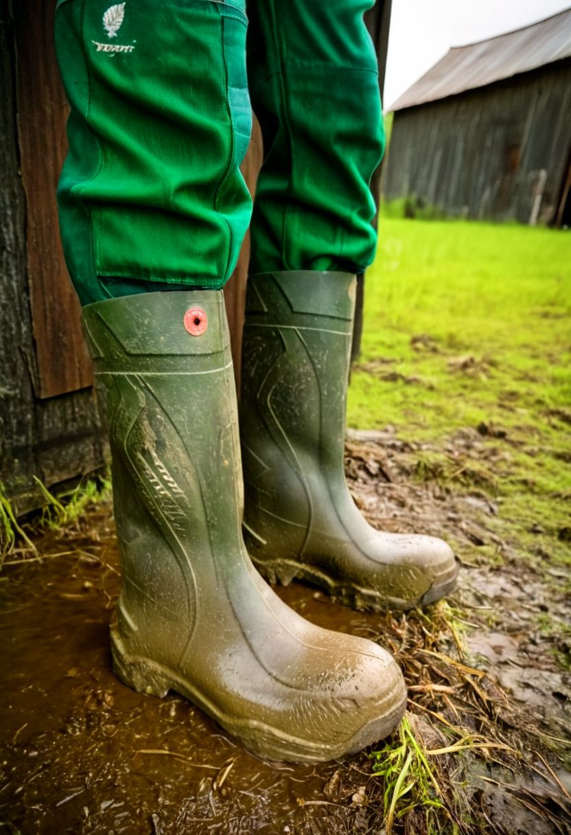 close up photograph of a dirty rubber boots in front of an old rusty dark barn, wearing green dirty worker pants, 50mm . cinematic 4k epic detailed 4k epic detailed photograph shot on kodak detailed cinematic hbo dark moody, 35mm photo, grainy, vignette, vintage, Kodachrome, Lomography, stained, highly detailed, found footage