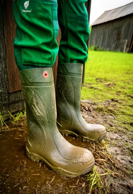 close up photograph of a dirty rubber boots in front of an old rusty dark barn, wearing green dirty worker pants, 50mm . cinematic 4k epic detailed 4k epic detailed photograph shot on kodak detailed cinematic hbo dark moody, 35mm photo, grainy, vignette, vintage, Kodachrome, Lomography, stained, highly detailed, found footage