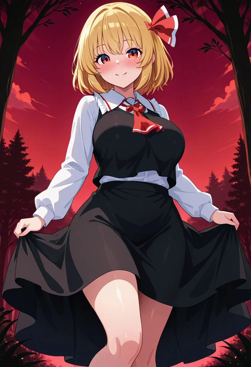 fusu style, ((forest)), ((night time)), ((red sky)), ((blush)), ((looking at viewer)), ((standing)), ((posing)), (1girl), ((solo)), ((large breasts)), ((rumia)), smile, blonde hair, red eyes, hair ribbon, black vest, white shirt, long sleeves, black skirt, red ascot, legs