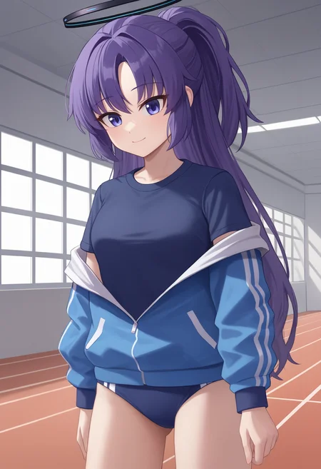 zPDXL, source_anime, BREAK
hayase yuuka, ponytail, gym uniform, open jacket, halo,
light smile, closed mouth,
standing, cowboy shot,
indoors, <lora:yuuka-ponyxl-kohya-000007:0.8>