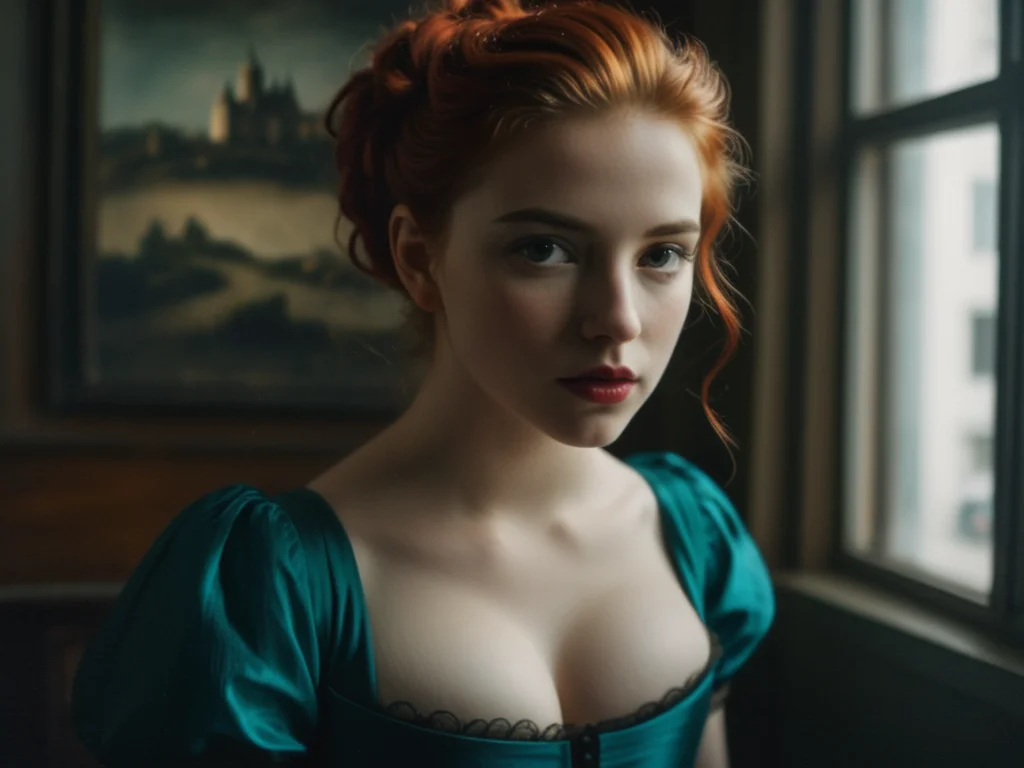 image in mntrst style, 1girl, in a teal dress, red hair
Historical era, film still, cinematic lighting, eye contact
beautifully realistic realism, (vivid HDR photography, epic scene, cinematic photograph, timelapse, kodak portra film, film grain, real color), highly detailed portrait, hazy, contrast, delightfully pretty yet unusually cute, mesmerizing, sexualized, fantastic, most incredible details, realistic skin, pores, goosebumps
by (great fashion photographer, tony kelly, casey baugh)
postcard, delightful, beautiful composition