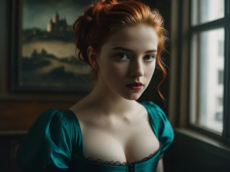 image in mntrst style, 1girl, in a teal dress, red hair
Historical era, film still, cinematic lighting, eye contact
beautifully realistic realism, (vivid HDR photography, epic scene, cinematic photograph, timelapse, kodak portra film, film grain, real color), highly detailed portrait, hazy, contrast, delightfully pretty yet unusually cute, mesmerizing, sexualized, fantastic, most incredible details, realistic skin, pores, goosebumps
by (great fashion photographer, tony kelly, casey baugh)
postcard, delightful, beautiful composition