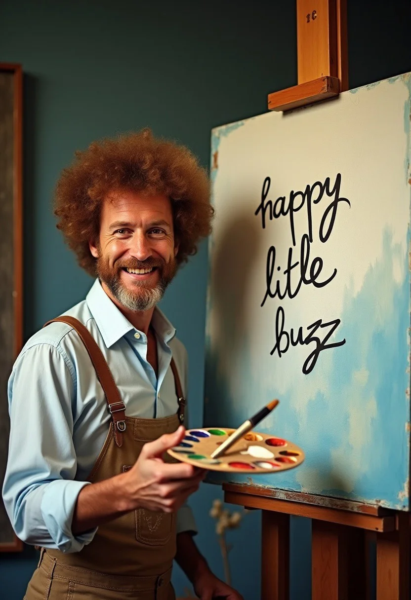 Raw, 8k, ultra realistic photo from The joy of painting show. ((Bob Ross)) is standing next to a canvas. He is smiling looking at the viewer, on the canvas its writen "happy little buzz" in paint. holding a paint brush and Palette. Film grain.