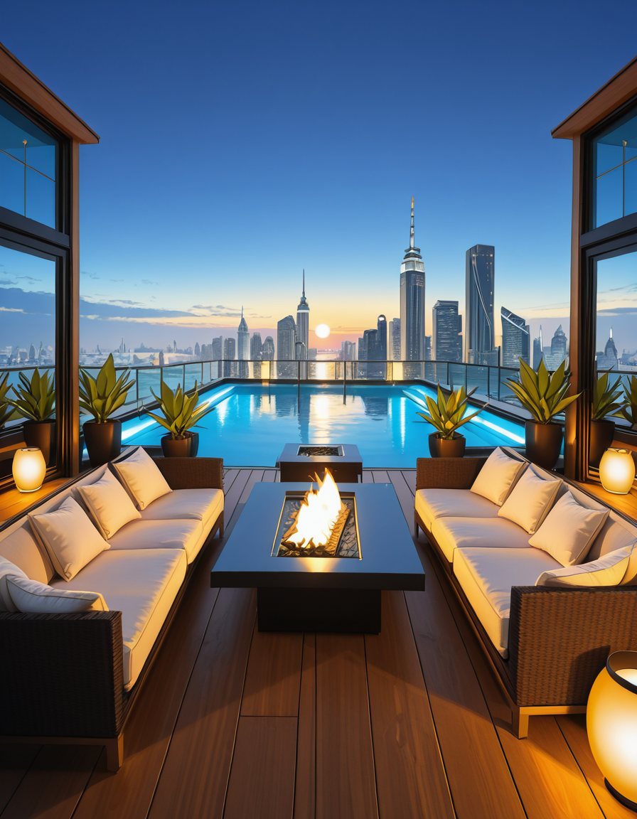 A breathtaking photo of a luxurious private rooftop at sunset, designed in a modern and elegant architectural style. The rooftop features a large infinity pool with crystal-clear water reflecting the warm golden hues of the sky. Surrounding the pool are plush, oversized lounge chairs with soft white cushions, neatly arranged under stylish wooden pergolas with flowing white curtains. In the background, a panoramic city skyline with shimmering skyscrapers stretches across the horizon. Ambient string lights hang delicately overhead, casting a soft, romantic glow. A chic outdoor bar with marble countertops is positioned on one side, decorated with fresh tropical plants and golden lanterns. The atmosphere feels serene and exclusive, with subtle reflections on the polished wooden floor. The lighting is a perfect mix of natural sunset tones and ambient soft white lights. The overall mood is peaceful, sophisticated, and inviting, ideal for an elite gathering or private escape.
<lora:SDXLFaeTastic2400:0.4> <lora:extremely_detailed:0.4> extremely detailed, <lora:luxurious_pr1v4t3_r00ft0p-i:1>,luxurious pr1v4t3 r00ft0p, Masterpiece,best quality,hi res,8k,hi res,8k,award winning,(sharp focus, intricate, highly detailed),