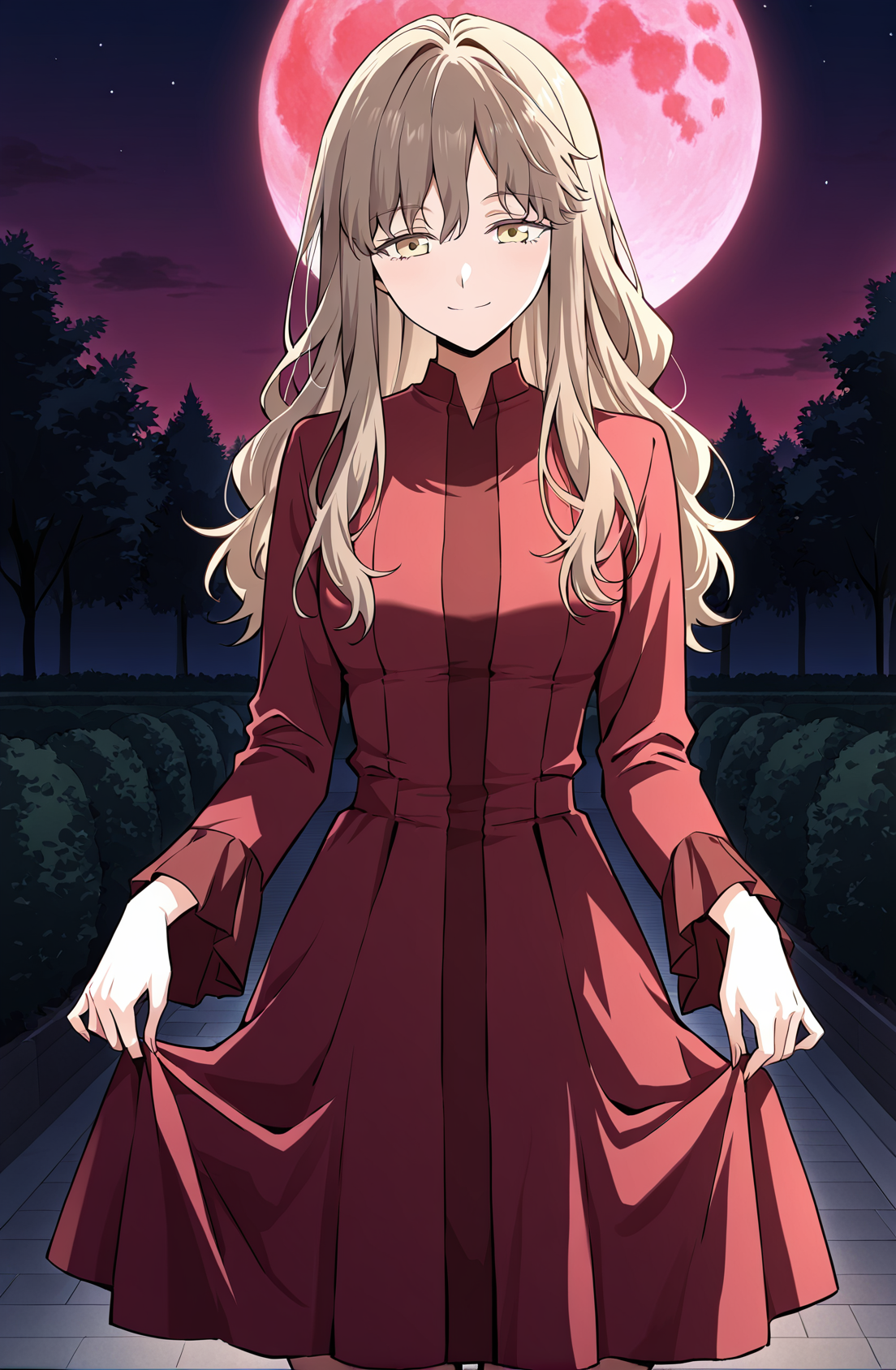 <lora:Cecilia__The_Beginning_After_the_End__Illustrious:1>
Cecilia, female, long hair, wavy hair, light brown hair, golden eyes, side bangs, 
red dress, long sleeves, floor-length dress,
score_9, score_8_up, score_7_up, source anime, BREAK, cowboy shot, Masterpiece,(perfect female body:1.2), small waist, (incredibly detailed:1.4), slim, beautiful fingers, beautiful skin, looking at viewer, breasts, skirt hold, long sleeves, smile, garden backgroun, exterior, background, looking at viewer, night, red moon