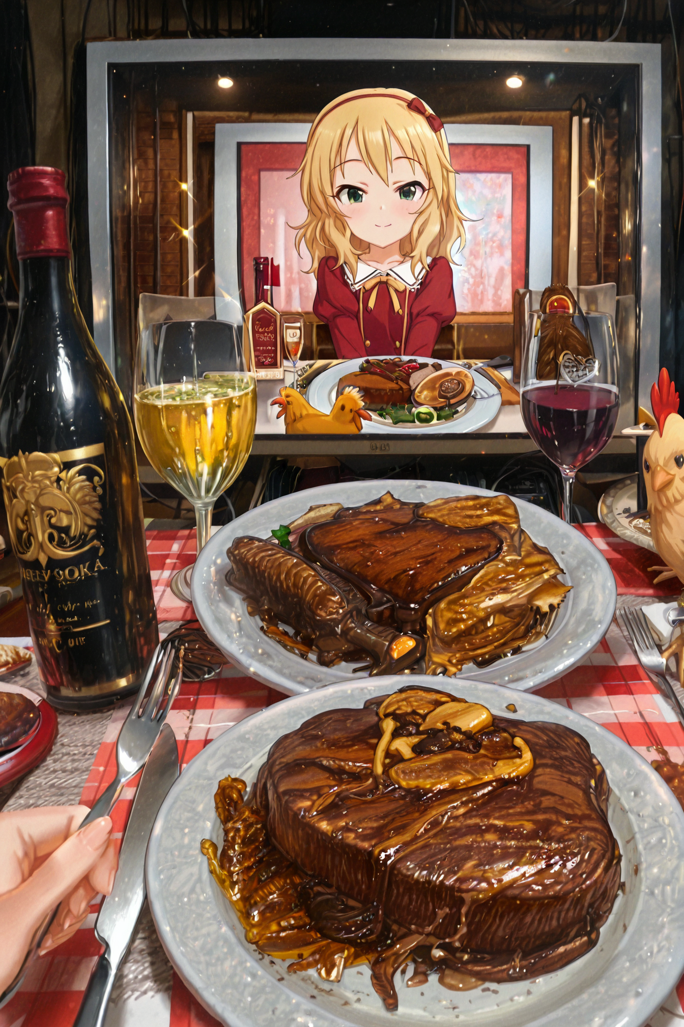detailed background, shiny skin, posing,
<lora:dinnerwaifu.il:1.5>,
dinnerwaifu, 
chicken, beef, steak, wine, wine bottle, 
pov, hands, fork, knife,  utensil, 
<lora:deresute.il:1>,
deresute,
momoka,
