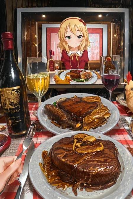 detailed background, shiny skin, posing,
<lora:dinnerwaifu.il:1.5>,
dinnerwaifu,
chicken, beef, steak, wine, wine bottle,
pov, hands, fork, knife, utensil,
<lora:deresute.il:1>,
deresute,
momoka,