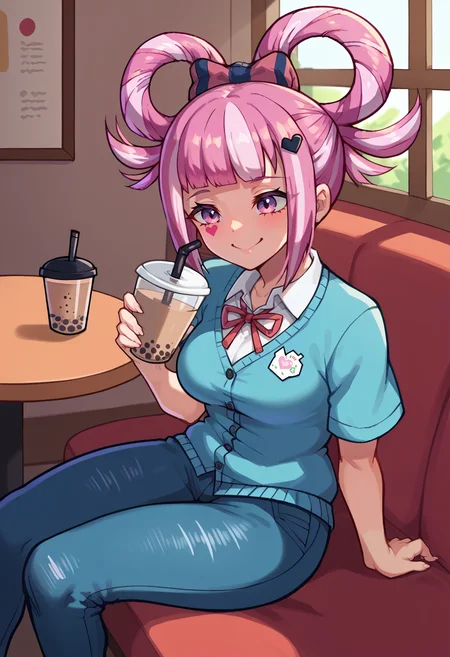 score_9, score_7_up, 1girl, solo, sitting, happy, smile, bubble tea, BREAK <lora:HortensiaFE-pdxl:1> rndHort, multicolored hair, hair rings, blunt bangs, sidelocks, heart facial mark, hairclip, cardigan, short sleeves, medium breasts, jeans, indoors, cafe