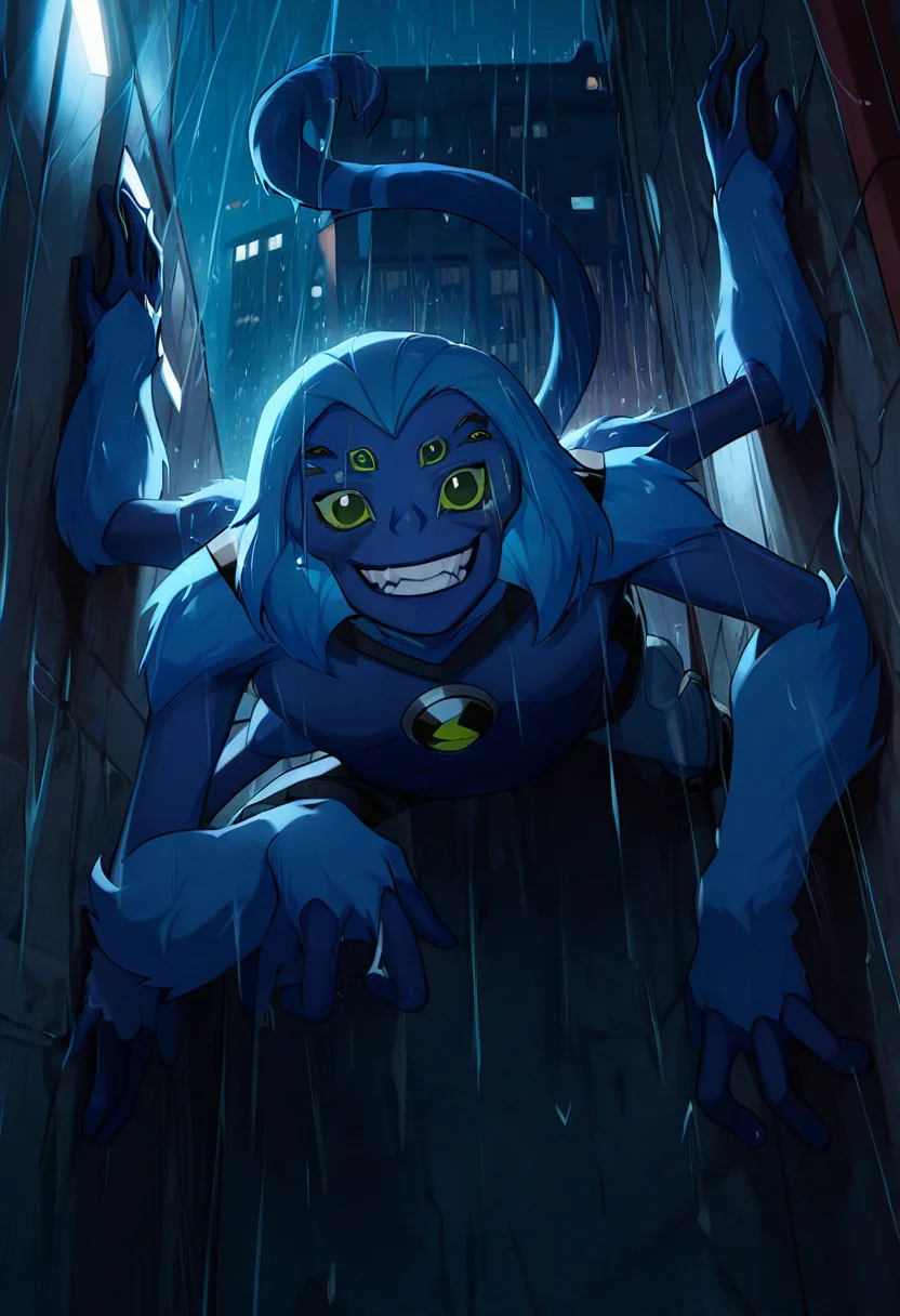 masterpiece, best quality, amazing quality, very aesthetic, absurdres, newest,, detailed background, 
spidermonkey, extra eyes, solo, blue skin, extra arms, long blue tail, , green eyes, teeth, blue hair, , teeth, fangs, four arms, 
climbing on wall, building wall, relection, heavy raint, rainy night
looking at viewer, smile,