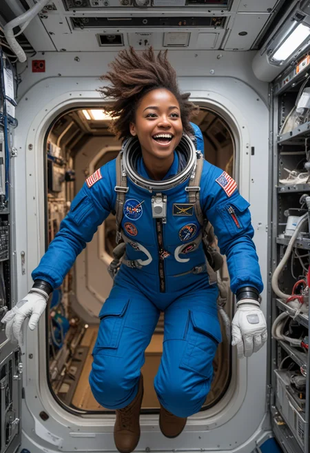 (medium full shot) of (fearless astronaut) young woman, african, dark skin, light brown eyes, petite build, brown hair, wearing a blue flight suit, space gloves,insulated boots, communication device, set in Space Station, Airlock, small chamber with heavy doors, spacesuit storage, decontamination equipment, safety harnesses, a control panel for depressurization, at night, woman laughing, jumping in the air, Masterpiece,best quality, photorealistic, amazing quality, very aesthetic, extremely detailed face,