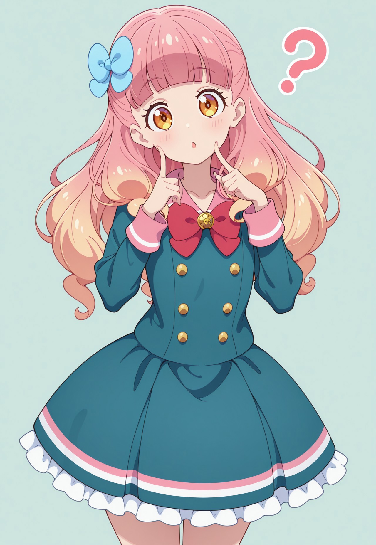 masterpiece,extremely detailed,best quality,amazing quality,newest,absurdres,highres, 1girl ,yuki_aine, gradient hair,pink hair,long hair,blue hair bow, blunt bangs, a1neschoolunif, aqua_school_uniform, red bowtie, frilly_skirt, aqua_skirt, head_tilt , finger_to_cheek ,\?, cowboy_shot
