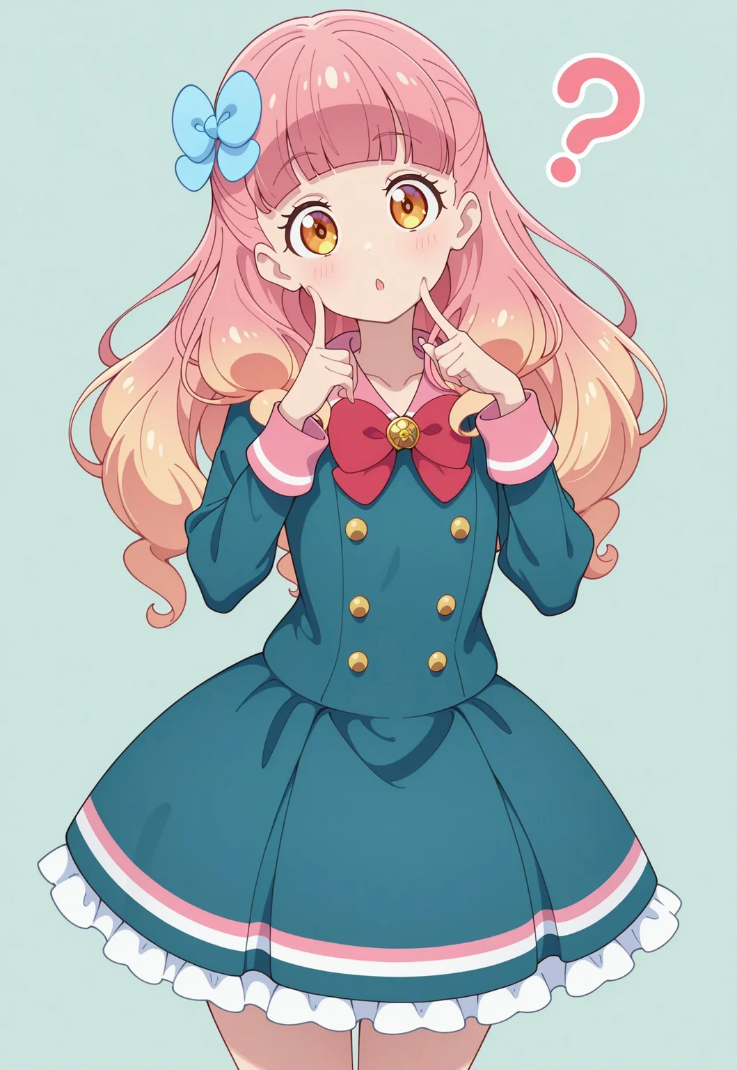 masterpiece,extremely detailed,best quality,amazing quality,newest,absurdres,highres, 1girl ,yuki_aine, gradient hair,pink hair,long hair,blue hair bow, blunt bangs, a1neschoolunif, aqua_school_uniform, red bowtie, frilly_skirt, aqua_skirt, head_tilt , finger_to_cheek ,\?, cowboy_shot