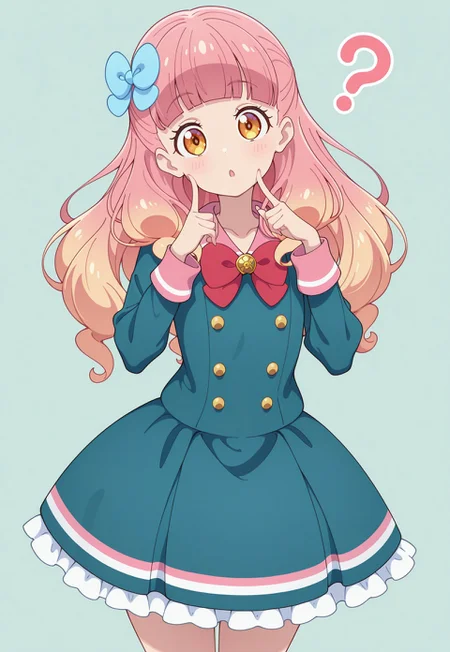 masterpiece,extremely detailed,best quality,amazing quality,newest,absurdres,highres, 1girl ,yuki_aine, gradient hair,pink hair,long hair,blue hair bow, blunt bangs, a1neschoolunif, aqua_school_uniform, red bowtie, frilly_skirt, aqua_skirt, head_tilt , finger_to_cheek ,\?, cowboy_shot