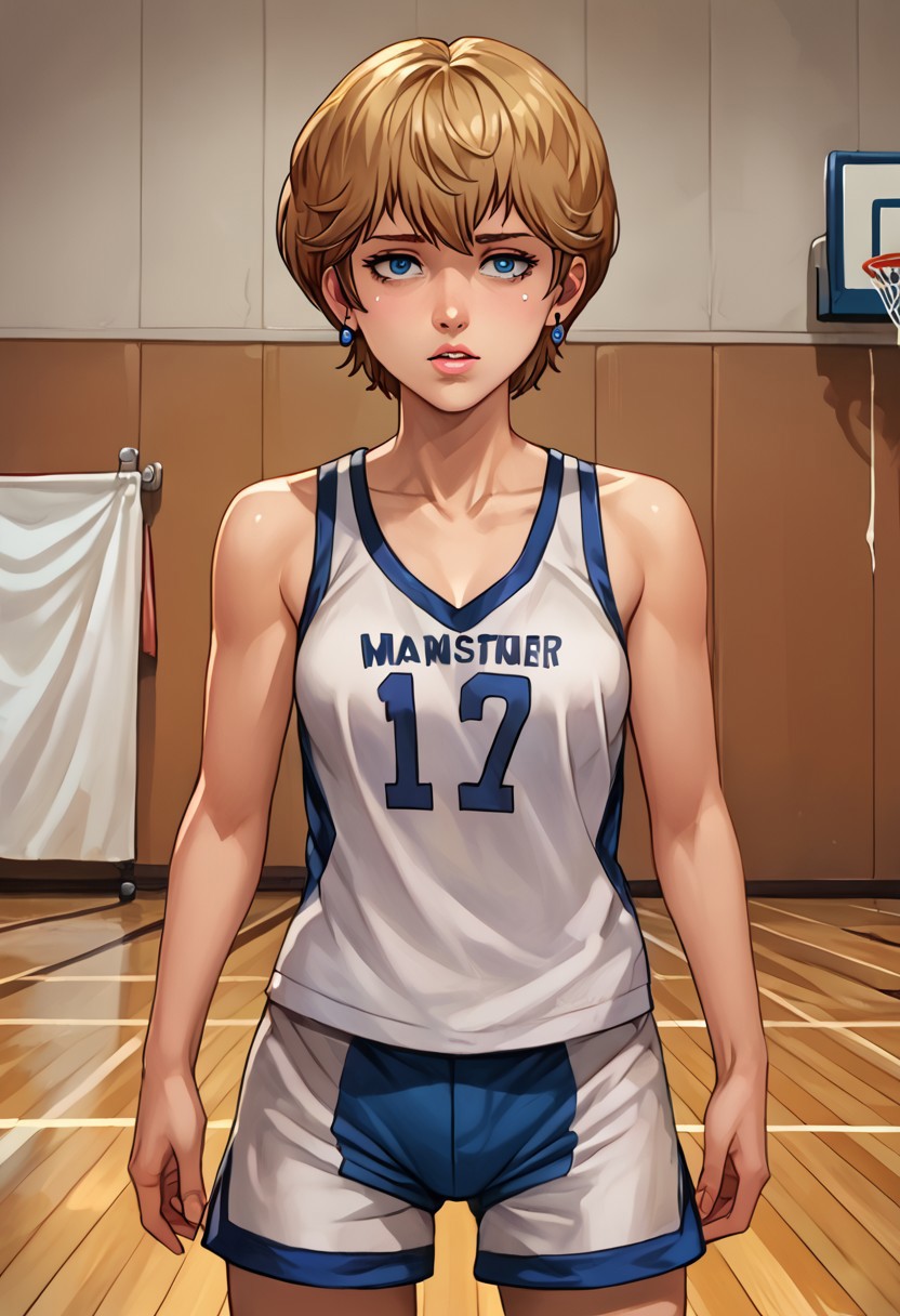 score_9, score_8_up, score_7_up, source_anime,
, (best quality) , (highly detailed) ,masterpiece ,absurdres ,detailed face ,beautiful face ,
<lora:pony_xl_Hildegard:0.8>,Hildegard,score_9,score_8_up,1girl,female,kawaii,solo,short hair,earrings blond hair
<lora:OKC_0_Jersey_V1:.6>, jersey, number zero, basketball uniform, blue shorts, orange trim, shirt tucked in,
from behind, tired, parted lips, looking at viewer,
room, wooden wall, wooden floor,
(Beautiful, small Breasts:1.2), natural breasts,
OverallDetail