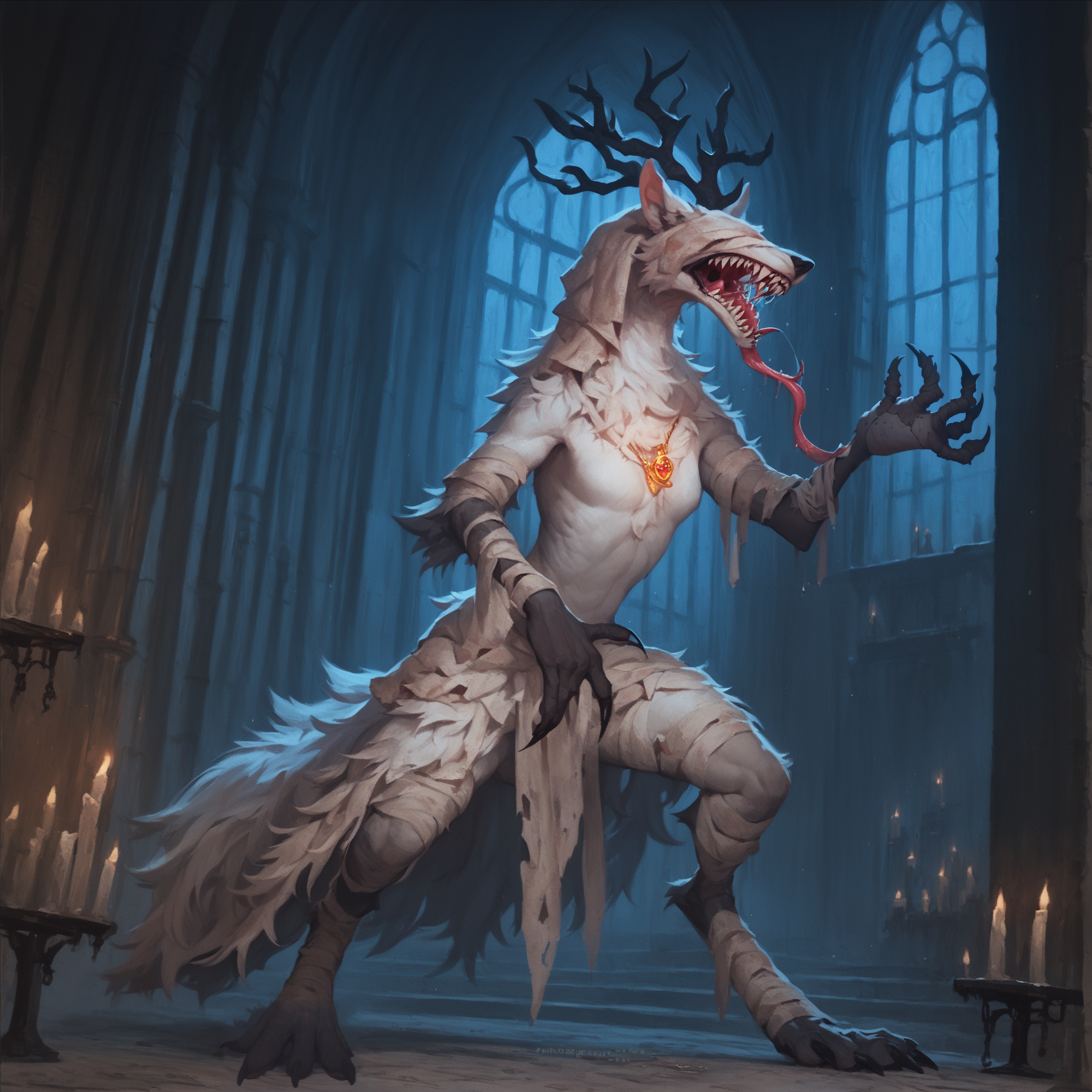 1girl, full body, <lora:Vicar Amelia (Bloodborne)_epoch_7:1> anthro bbvicamelia, fur, fluffy fur, sharp teeth, claws, paws, drool, long tongue, standing straight, digitigrade, bent legs,  in dark candlelit gothic cathedral, candles, golden pendant necklace, bandages, screaming,, detailed, masterpiece,score_9, score_8_up, score_7_up, score_6_up, best quality