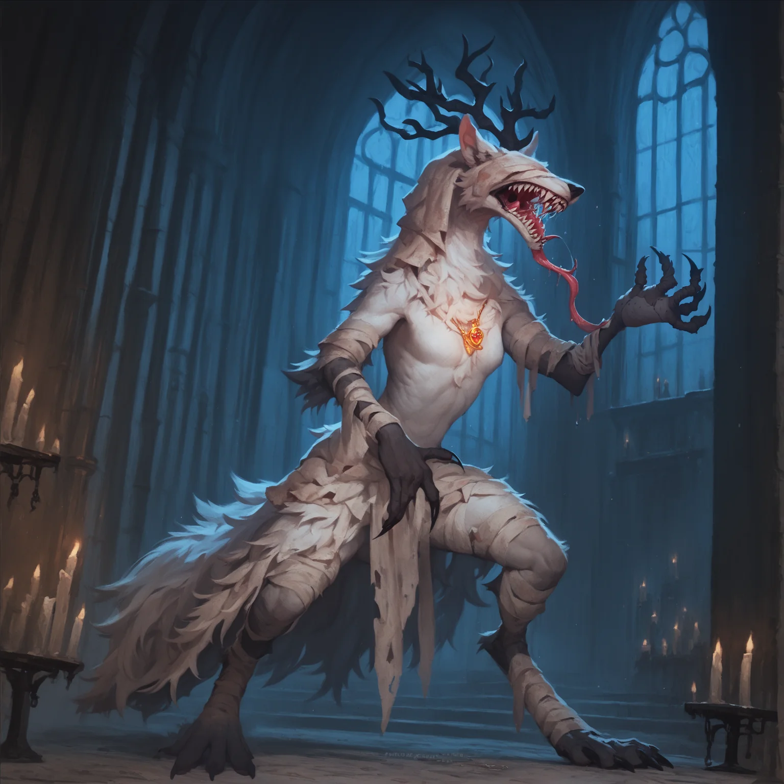 1girl, full body, <lora:Vicar Amelia (Bloodborne)_epoch_7:1> anthro bbvicamelia, fur, fluffy fur, sharp teeth, claws, paws, drool, long tongue, standing straight, digitigrade, bent legs, in dark candlelit gothic cathedral, candles, golden pendant necklace, bandages, screaming,, detailed, masterpiece,score_9, score_8_up, score_7_up, score_6_up, best quality