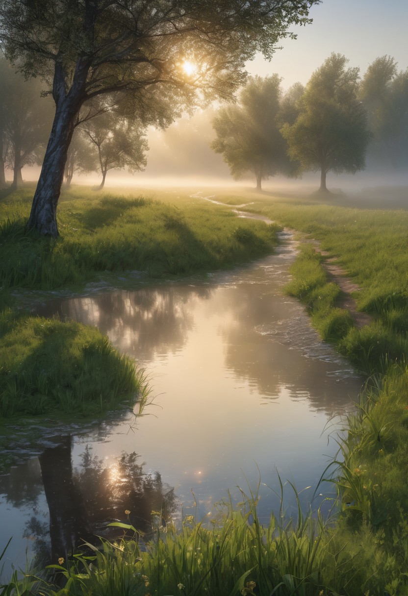 8k, breathtaking, close up to rough footpath in the village, cloudy weather, morning lake mist, wet grass, sun rays, masterpiece, award-winning, professional, highly detailed, mist, style-nebmagic