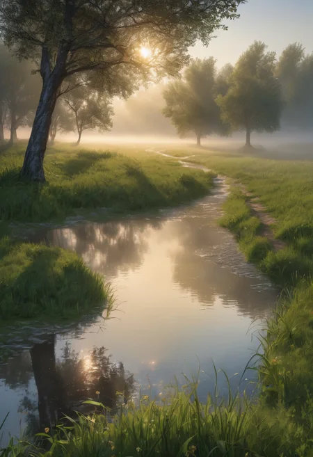 8k, breathtaking, close up to rough footpath in the village, cloudy weather, morning lake mist, wet grass, sun rays, masterpiece, award-winning, professional, highly detailed, mist, style-nebmagic