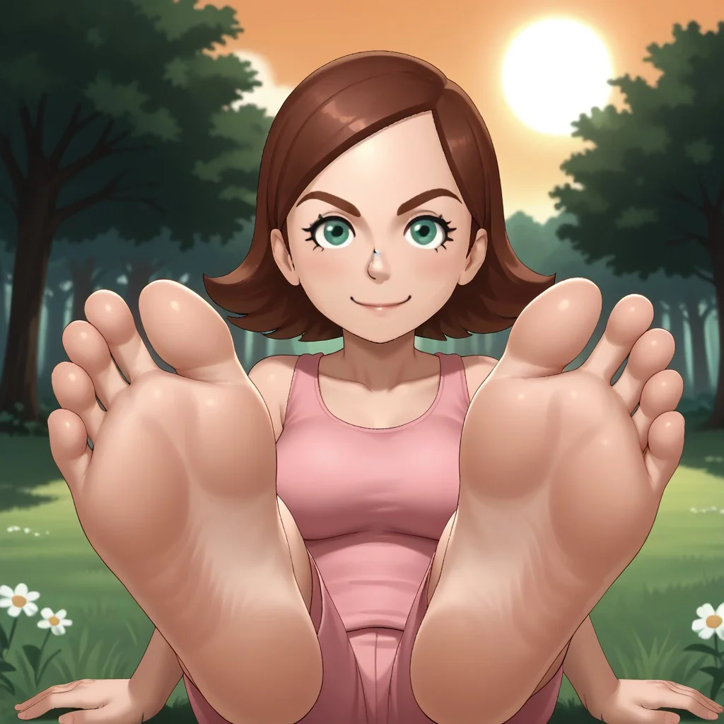 score_9, score_8_up, BREAK, (masterpiece:1.4), (best quality:1.2), solo, perfect anatomy, accurate anatomy, perfect feet, perfect soles, wii, mii, wii sports, 1girl, female mii, dark red hair, dark red eyebrows, green eyes, pink clothing, white pants, breasts, nintendo mii, modern_mii, classic_mii, Jen_(Wii_Sports), cute, sexy pose, self portrait, smile, outdoors, sunlight, shadows, evening lighting, natural lighting, forest, trees, grass, orange sky, sunset, {{{sitting, barefoot, foot focus, feet, soles}}}