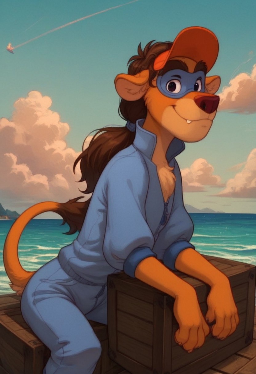 score_7, score_8, score_9, dynamic lighting, detailed background, background is ship dock, dock, (stacked crates), ((ocean)), boats, mountains in distance, ((outdoors)), clouds, sunny, (close up), cowboy shot,
BREAK 
Solo, 1boy, ((anthropomorphic)), furry male, Wildcat, yellow fur, two tone fur, brown hair, hair in ponytail, animal nose, black eyes, slender, animal ears, yellow ears, (yellow tail), feet claws, snaggle tooth, eye mask, fluffy fur, fluffy eyebrows, (fang), chest fur tuft,
BREAK 
sitting on crate, looking at viewer, smiling, jumpsuit, hat, arms crossed,