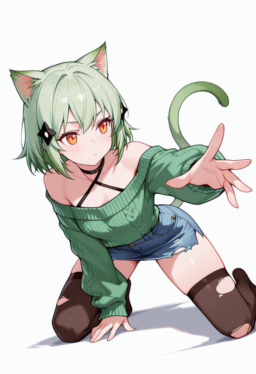 masterpiece,high quality details, absurdres, 
kneeling pose, one hand on the ground, other hand reaching forward, focused gaze, tense muscles,  ,
 <lora:Mao_Kusagakure:0.8>
mao_cnr, 1girl, green hair, short hair,orange eyes, cat ears,cat tail,hair ornament,, uwu,, simple background, white background, dynamic angle,solo,, criss-cross halter,choker sweater  ,denim skirt,  ,torn thighhighs,