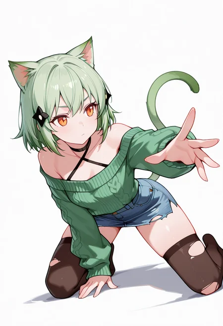 masterpiece,high quality details, absurdres,
kneeling pose, one hand on the ground, other hand reaching forward, focused gaze, tense muscles, ,
<lora:Mao_Kusagakure:0.8>
mao_cnr, 1girl, green hair, short hair,orange eyes, cat ears,cat tail,hair ornament,, uwu,, simple background, white background, dynamic angle,solo,, criss-cross halter,choker sweater ,denim skirt, ,torn thighhighs,