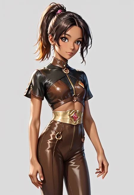 1girl, Masterpiece, 8k, ultra high detail, score_7 up, 
volumetric lighting, vivid colors, vibrant colors,  score_8_up, score_9,  small breast size, sporty black ponytail hair,  fcNeg, stunning dark eyes,   tan skin, small nose, innocent beauty, slim face,  cute face, athletic body, perfect sporty body, extreme detailed body, intence dark eyes,  perfect face, ultra high detailed face, perfect eyes, petite, 
As fantasy ranger, in mystic woods, fantasy, brown leather trousers, dark leather boots, brown leather top, a bow on her back, 
BadDream, d3t41l3d, archerRo, faulds, short sleeves,