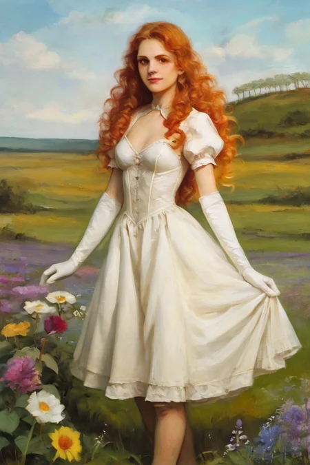 score_9, score_8_up, score_7_up, rating_safe, traditional media, realistic, 1girl, solo, long hair, curly hair, wavy hair, orange hair, orange eyes, looking at viewer, breasts, dress, white dress, puffy sleeves, puffy short sleeves, short sleeves, gloves, elbow gloves, white gloves, cowboy shot, closed mouth, standing, outdoors, field, flower, grass, plant, sky <lora:Oil Painting Style XL:1>