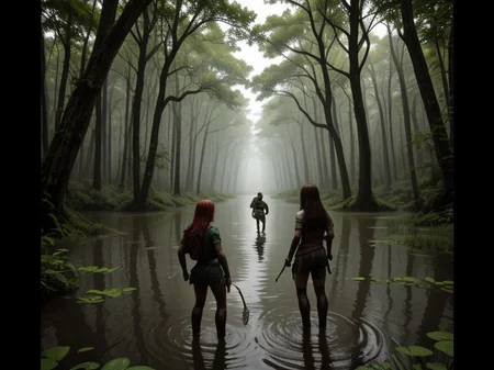 <lora:LCM_LoRA_Weights_SD15:0.8>  
a group of adventurers venture into a mysterious and treacherous swamp to find a lost treasure