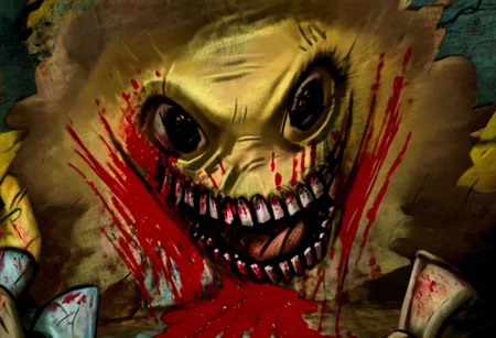 postal1, Monster, bloodyface, blood, looking at viewer, smiling, perfecteyes