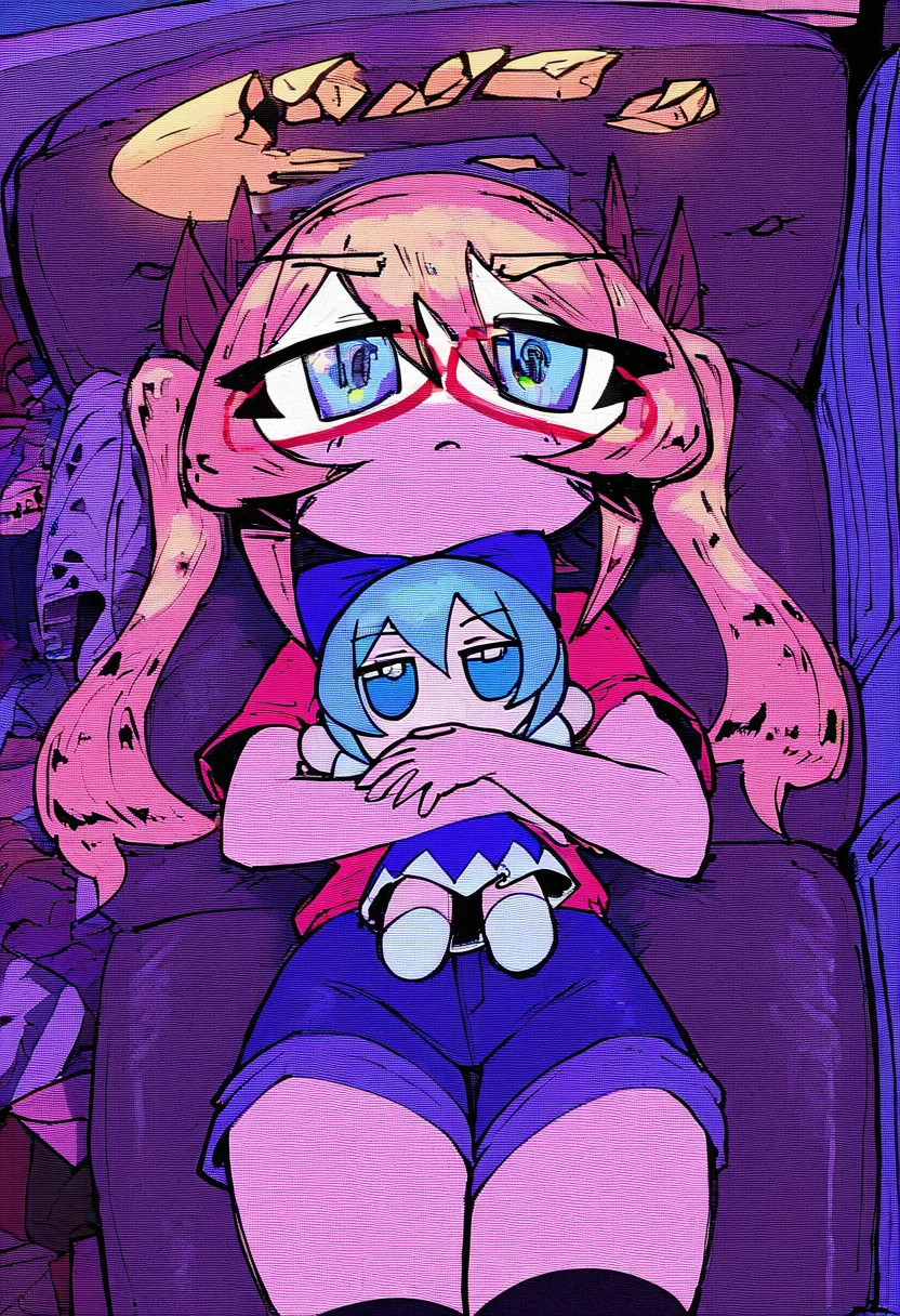 StyleBirdBlitz,(masterpiece, best quality, absurdres), flat color, [chibi], (scanlines, halftone texture),
1girl, solo, lying, on couch, twintails, blonde hair, pink hair, hair ribbon, hair_between_eyes, red-framed_eyewear, blue eyes,large halo, yellow halo, broken halo, (jitome), red t-shirt, blue shorts, black kneehighs, small breasts, 
hugging doll, (fumo \(doll\)), hugging cirno doll, cirno:jitome, cirno:sitting,
cowboy shot , straight-on, living room, light, from above, detailed background, (messy room), couch