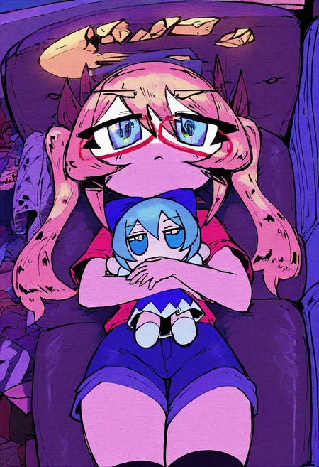 StyleBirdBlitz,(masterpiece, best quality, absurdres), flat color, [chibi], (scanlines, halftone texture),
1girl, solo, lying, on couch, twintails, blonde hair, pink hair, hair ribbon, hair_between_eyes, red-framed_eyewear, blue eyes,large halo, yellow halo, broken halo, (jitome), red t-shirt, blue shorts, black kneehighs, small breasts, 
hugging doll, (fumo \(doll\)), hugging cirno doll, cirno:jitome, cirno:sitting,
cowboy shot , straight-on, living room, light, from above, detailed background, (messy room), couch