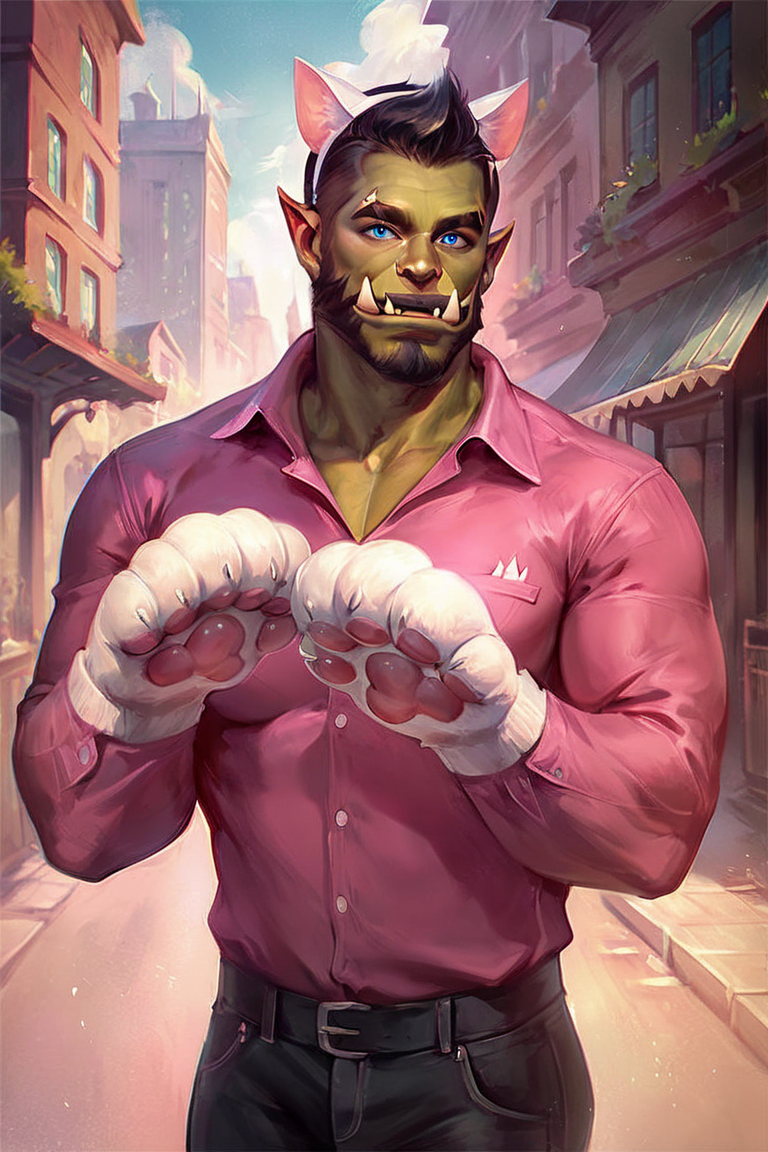 score_9, score_8_up, score_7_up, rating_safe, pinkdreamsstyle, concept art, digital art, realistic, orc, green skin, tusks, facial hair, beard, mustache, black hair, blue eyes, pink shirt, collared shirt, long sleeves, black pants, muscular, 1boy, solo, male focus, mature male, fake animal ears, animal ears, cat ears, white cat ears, paw gloves, white paw gloves, cat paws, paw pose, smile, looking at viewer, cowboy shot, standing, outdoors, city, building <lora:Pink Dreams Style LoRA_Pony XL v6:0.7>
