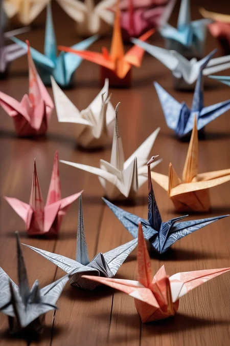 <lora:ORIGAMI:1>ORIGAMI - [80504824046625799]A series of delicate and intricately folded origami cranes in various sizes and colors, arranged on a wooden surface. The cranes are lit by a soft, diffused light that creates shadows and depth. Each crane is folded with precision and care, highlighting the beauty of traditional paper folding techniques. Some cranes have been embellished with patterns and designs, adding a unique touch to each one. The background provides a subtle contrast with the wooden surface, with hints of a soft blue sky visible in the distance. The photo captures the peacefulness and serenity of the traditional Japanese art form, and honors the symbolism of the crane as a symbol of good luck, longevity, and peace.