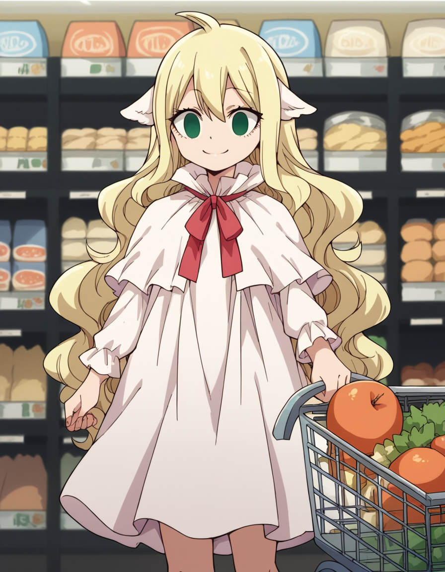 score_9, score_8_up, score_7_up, source_anime, <lora:mavis-vermillion-anime-ponyxl-lora-nochekaiser:1>, mavis, long hair, blonde hair, green eyes, ahoge, wavy hair, animal ears,, dress, white dress, collar, ribbon, red ribbon, capelet, long sleeves,, grocery store, shopping cart, picking fruits, everyday life, , smile, , arm holding an object, solo,, cowboy shot, dutch angle