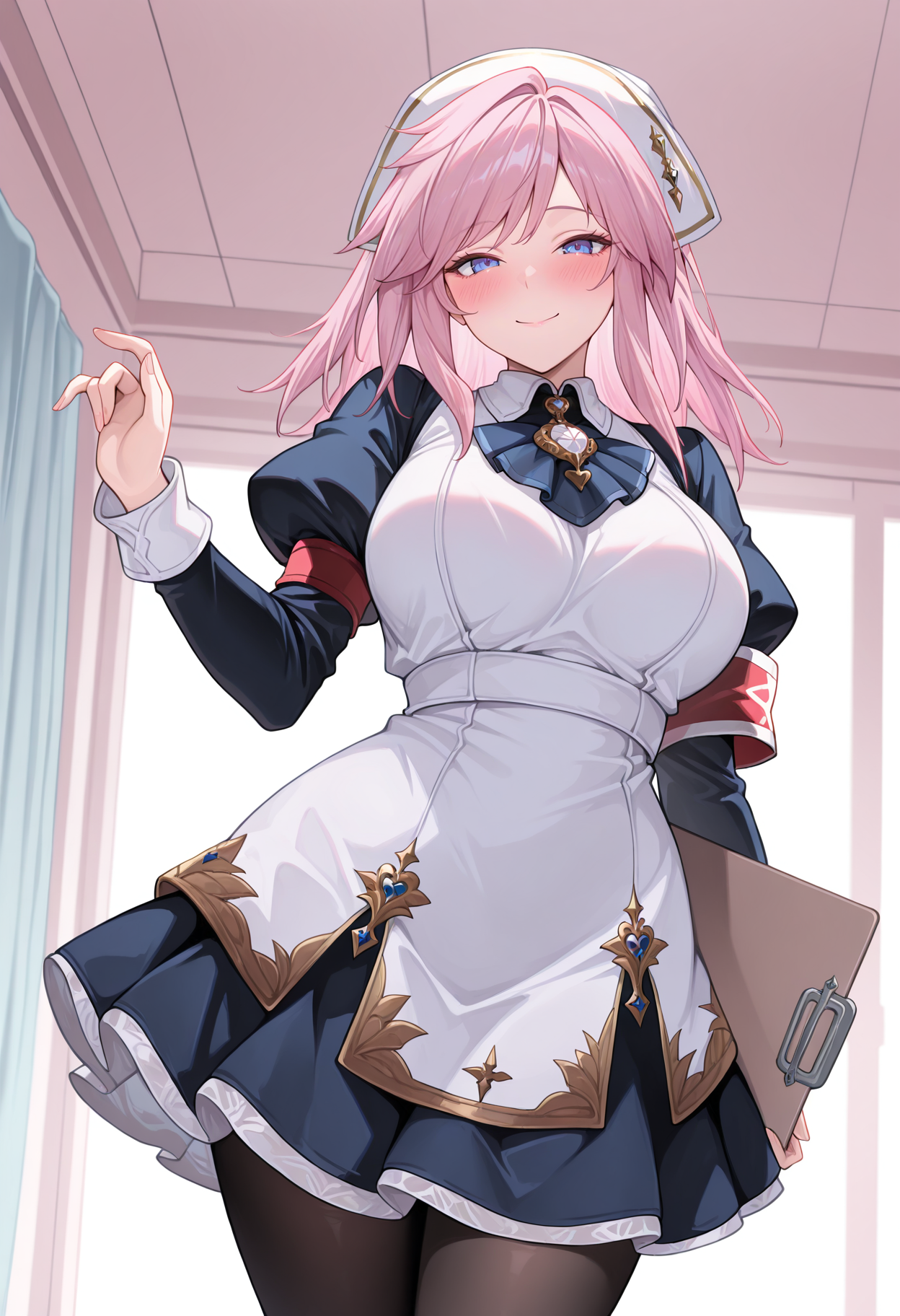 highres, best quality, masterpiece, 
1girl, solo, gbfgab, pink hair, large breasts, blue eyes, blush,
<lora:_gabriel_gbf-elesico-ilxlA:1>  maid, nurse cap, blue dress, white apron, blue ascot, brooch, juliet sleeves, gold trim, red armband, long sleeves, black pantyhose, holding clipboard, standing, smile, indoors,