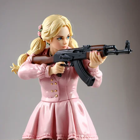 photo all ceramic porcelain statuette style anime, kawaii russian woman wearing pink dress firing from ak47rfs, ak47rfs, ak47rfs hands, ak47rfs shooting, in her hands, maximalist,detailed statuette, glossy,dof, <lora:AK47_1:1>