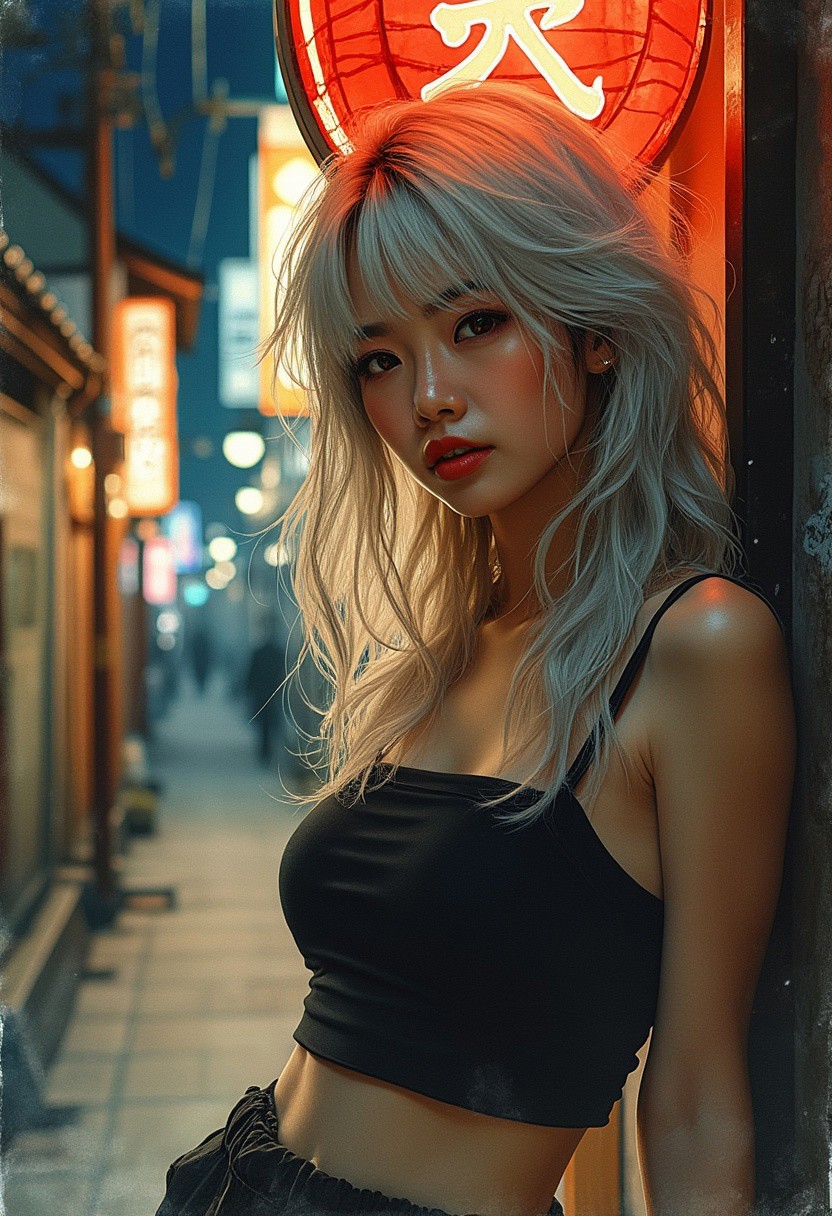 A magnificent close-up in expressive watercolor ink wash and Inkplash style, rendered on delicate rice paper with sepia and henna tones. A stunning Japanese woman with long, loose platinum hair and soft bangs leans casually against a neon-lit sign on a narrow, traditional Japanese street at night. Her silhouette is outlined in powerful inksplash contrasts, crop top hinted in bold brushstrokes. Neon signs blur into glowing bokeh behind her, their colors bleeding gently into the rice paper. The scene breathes a deep, emotional warmth, where ancient textures meet cyber-dream modernity. Inspired by Hiroshi Yoshida’s atmospheric washes fused with modern Tokyo street noir photography, emphasizing expressive contrast and intimate, blurred urban lights