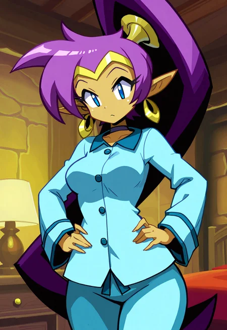 safe_pos, masterpiece, shghstyle, Shantae, 1girl, solo, earrings, jewelry, hoop earrings, pajama shirt, buttons. pajamas, blue pattern, tiara, hands on hips, medium breasts, blue pajama pants, indoors