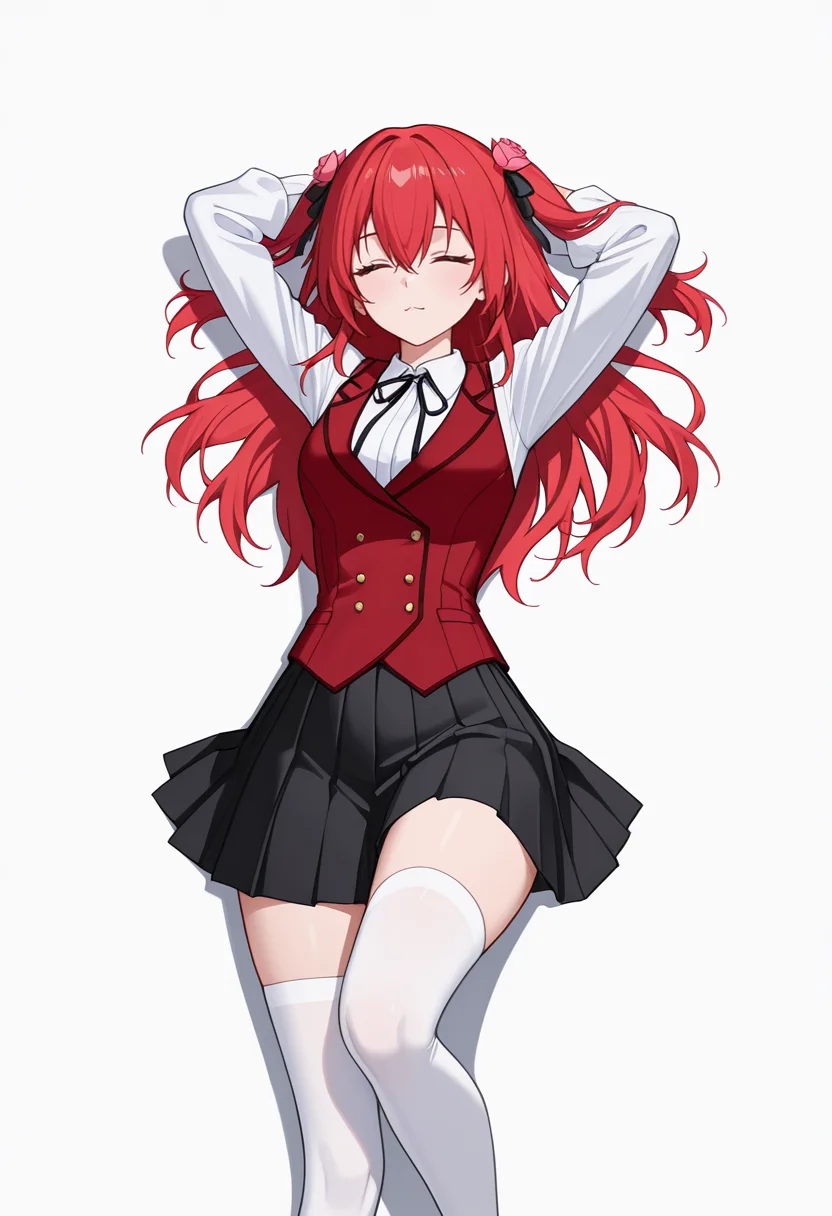 Smooth Quality,masterpiece,very intricate, high quality details, ultra realistic, high detailed skin,detailed enviorement,absurdres,
 <lora:Amelia_Rose_CNR:0.8>amelia_cnr,  red hair, long hair, two side up, hair between eyes,
amelia_def_cnr,white shirt, collared shirt,red vest, skirt, black skirt, pleated skirt, long sleeves,white thighhighs, zettai ryouiki, black ribbon, hair ribbon, neck ribbon,hair flower,, simple background, white background, front view,
lying, hands behind head, knee bent, relaxed, casual,  ,, x3,
