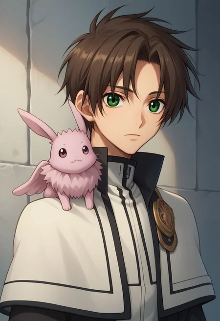 score_9, score_8_up, score_7_up, source_anime, 
teito, 1boy, male focus, green eyes, brown hair, upper body, looking at viewer, creature, pia (creature), animal, animal on shoulder,
capelet, vest, white vest, long sleeves, collared vest, black pants
indoor, sit,