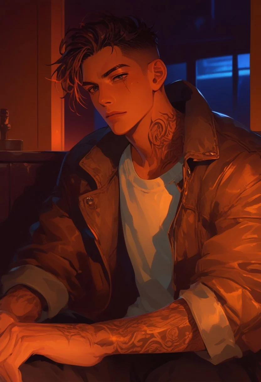 Score_9, score_8_up, score_7_up, score_6_up, score_5_up, score_4_up, 1man, male focus, sitting, indoors, night, classic fashioned, man, black and brown hair, scar, tattoos, darkness, anime style, source_anime, handsome man, anime style, color theory, night, moonlight, darkness, dynamic angle, jacket, medium hair, side cut hair,