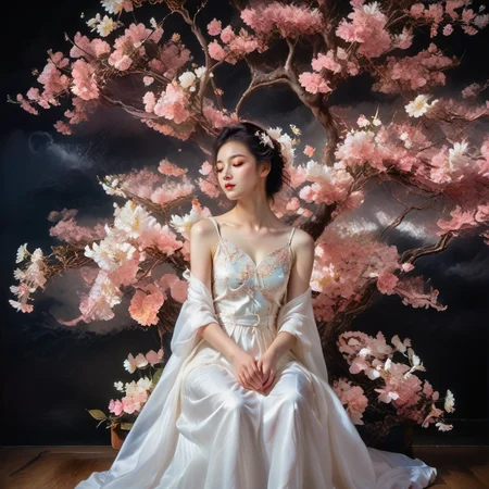 <lora:add-detail-xl:1.0>, 1girl, solo, closed eyes, dress, flower, white dress, sitting, black hair, cherry blossoms, tree <lora:LangV1:0.7>, <lora:RuanV1:0.6>,
