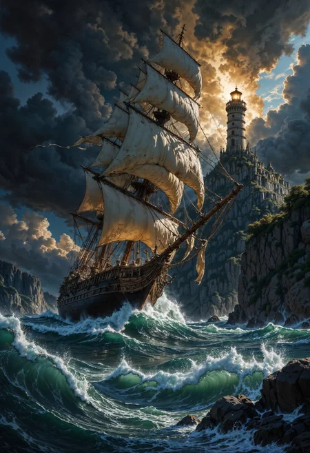 a stormy sea scene. The composition centers on a large, old-fashioned sailing ship battling turbulent waves, with its sails tattered and partially illuminated by the fiery glow of a lighthouse in the background. The lighthouse stands tall on a rocky outcrop, its light piercing through the dark, swirling storm clouds. The color palette is dominated by deep blues and grays, contrasted by the warm yellows and oranges of the lighthouse's light, creating a striking visual contrast. The waves are depicted with dynamic brushstrokes, emphasizing the chaos and power of the ocean. The overall mood is intense and foreboding, capturing the perilous nature of the sea during a storm.